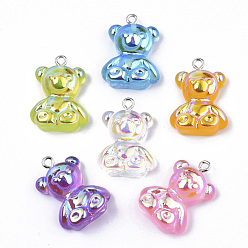 (52) Непрозрачная лаванда Гальванические подвески из прозрачной смолы, с железной петлей, платина, медведь, разноцветные, 25~26x18x8~9 мм, отверстие : 2 мм