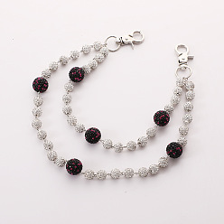 Камелия Двухслойные цепочки для брюк из полимерной глины с круглыми бусинами и стразами, с поворотными застежками сплава, платина, камелия, 300 мм