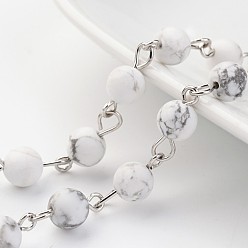 Говлит Ручной работы цепи, естественный Howlite круглые бисерные цепочки, несварные, с латунным штифтом, серебряный цвет гальваническим, 39.3 дюйм