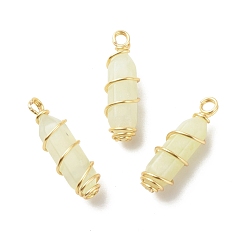 New Jade Natural New Jade Double Terminal Pointed Pendants, with Golden Tone Copper Wire Wrapped, Bullet, 26~26.5x8mm, Hole: 2.5~2.8mm