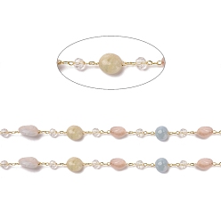 Morganite Handmade Natural Morganite Beaded Chains, with Rondelle Glass Beads and Brass Cable Chains, Long-Lasting Plated, Unwelded, with Spool, Nuggets, Golden, Link: 2.5x1x0.3mm, Gemstone Beads: 6~12x6~6.5x4~4.5mm, Glass Beads: 4x3mm, about 32.8 Feet(10m)/roll