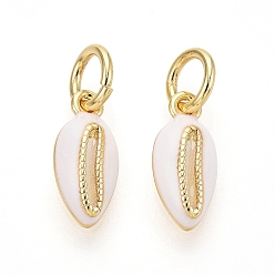 Белый Латунь эмаль подвески, подвески в форме ракушек, золотые, белые, 13x5.5x2.5 мм, отверстие : 2~4 мм, Перейти кольцо: 4~6x0.6~1 мм, внутренний диаметр: 2~4 мм