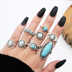 Античное Серебро 8шт. сплав с синтетической бирюзой кольца на палец, овальный/плоский круглый/каплевидный, античное серебро, внутренний диаметр: 14~18 мм