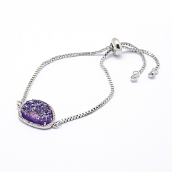 Сине-фиолетовый Латунь циркония боло браслеты, слайдерные браслеты, с естественными и гальванизированными веселыми агатовыми кабошонами, платина, синий фиолетовый, 9-1/2 дюйм (240 мм)