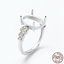 Platinum Rhodium Plated 925 Sterling Silver Finger Ring Components, with Cubic Zirconia, Adjustable, Heart, Platinum, Size 7(17mm), 2mm wide, Tray: 10x13mm