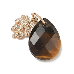 Тигровый глаз Природных тигровый глаз подвески, Граненые подвески Teardorp с листочком из латунных хрустальных страз., золотой свет, 18x13.5x6 мм, лист: 13.5x8.5x2 мм, Перейти кольцо: 8x0.8 мм, внутренний диаметр: 5.8 мм