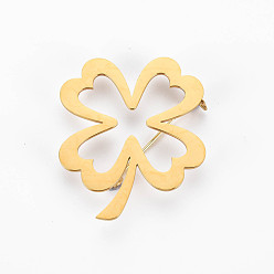 Золотой Брошь с открытым клевером, 201 булавка на лацкан из нержавеющей стали для рюкзака, без свинца и без никеля , золотые, 41x34x6 мм, штифты : 0.7 мм