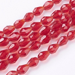 Red Glass Beads Strands, Faceted, teardrop, Red, 6x4mm, Hole: 1mm, about 65~68pcs/strand, 14.96~15.35 inch