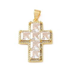 Clear Brass Pave Cubic Zirconia Pendants, Square Cross Charms, Cadmium Free & Lead Free, Rack Plating, Long-Lasting Plated, Real 18K Gold Plated, Clear, 25x18x3.5mm, Hole: 4x3.5mm