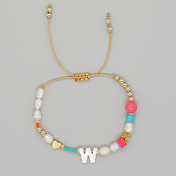 Letter W Initial Letter Natural Pearl Braided Bead Bracelet, Adjustable Bracelet, Letter W, 11 inch(28cm)
