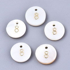 Number Подвески из натуральных пресноводных ракушек, плоский круглый с золотым блокирующим номером, кол. 8, 11x2 мм, отверстие : 1.5 мм