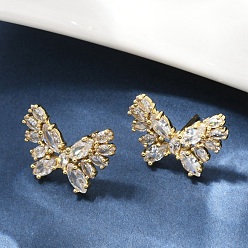 Настоящее золото 18K Серьги-гвоздики из латуни с микропаве и цирконием в форме бабочки, долговечный, без кадмия и без свинца, стойки покрытие, реальный 18 k позолоченный, 14x19 мм