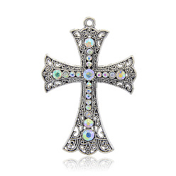 Хрусталь AB Старинное серебро крест тон сплава горный хрусталь большие кулоны, хрусталь AB, 72x50x8 мм, отверстие : 3 мм