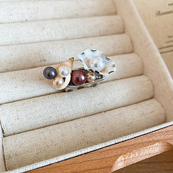 Silver Bohemian Alloy & Shell & Imitation Pearl Cuff Open Rings for Women, Conch Shape, Silver, US Size 4 1/4(15~20mm)
