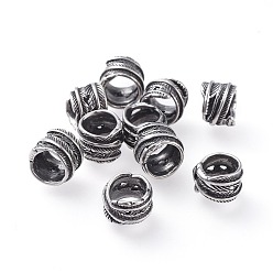 Antique Silver 304 Stainless Steel Beads, Large Hole Beads, Column with Leaf, Antique Silver, 12x9mm, Hole: 8.5mm