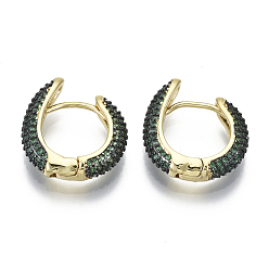 Green Brass Micro Pave Cubic Zirconia Huggie Hoop Earrings, Nickel Free, Ring, Real 16K Gold Plated, Green, 19x18x4.5mm, Pin: 1mm