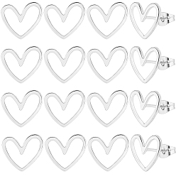 Посеребрённый 20шт. серьги-гвоздики в форме сердца из латуни, с необработанными (непокрытыми) латунными штифтами, с гайкой 20шт., 925 серебро покрытием, 1/2x3/8 дюйм (13x11 мм), штифты : 0.7 мм