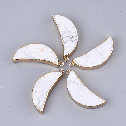 Howlite Electroplate Natural Howlite Pendants, with Iron Findings, Moon, Golden, 44~45x18~19x8~9mm, Hole: 1.6mm