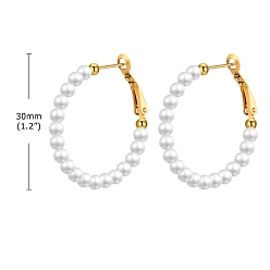 White Plastic Imitation Pearl Stud Earring, with 304 Stainless Steel Finding, Ring, Golden, White, 30mm