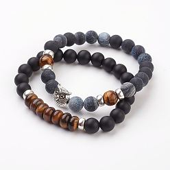 Tigerauge Edelstein-Stretch-Armbänder, mit natürlichen Tigerauge, Legierung Eule Perlen, Sackleinenverpackung, 2 Zoll (52 mm)
