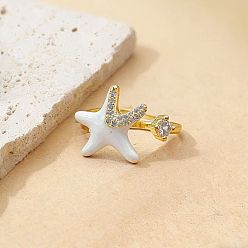 Белый Открытые кольца манжеты из латуни с микропаве и кубическим цирконием, с эмалью, форма раковины, рыбий хвост, морская звезда и черепаха, с имитацией жемчуга, золотые, белые, 15~20 мм