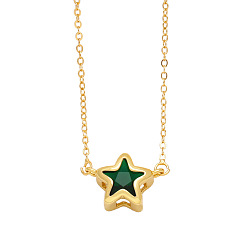 Dark Green Brass Micro Pave Cubic Zirconia Pendant Necklaces, Star, Dark Green, 17.72 inch(45cm)