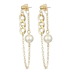 Golden Brass Chains Tassel Earrings, Natural Pearl Beaded Dangle Stud Eearrings with 304 Stainless Steel Pins, Golden, 57x8mm