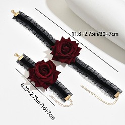Темно-Красный Комплекты ожерелий и браслетов из кружева и ткани с розами, сплав ювелирных изделий, темно-красный, 300 мм