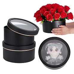 Черный 2 шт. 2 размеры плоские круглые картонные бумажные цветочные органайзеры упаковочные коробки, с пластиковыми окнами, чёрные, 22.5~24.2x11~12 см, 1 шт / размер