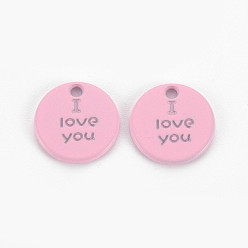 Бледно-Розовый Брелоки из сплава, окрашенные распылением, на день святого валентина, без кадмия и без свинца, плоские круглые с фразой я тебя люблю, розовый жемчуг, 13x13x1.5 мм, отверстие : 1.6 мм