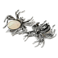 PapayaWhip Dual-use Items Alloy Pave Dyed Shell Spider Brooch, with Jet Rhinestone, Antique Silver, PapayaWhip, 57.5~58x41.5~42x12.5mm, Hole: 4x3mm