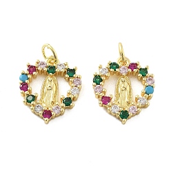 Настоящее золото 18K Латунные микро проложить кубического циркония подвески, сердце с подвесками Девы Марии, без свинца и без кадмия, долговечный, стойки покрытие, с целью перехода в кольце, реальный 18 k позолоченный, 15x13x2.5 мм, отверстие : 3.5 мм