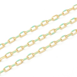 Aquamarine Handmade Golden Brass Enamel Link Chains, Cable Chains, with Spool, Soldered, Long-Lasting Plated, Oval, Aquamarine, 7x4x1mm, 32.8 Feet(10m)/roll