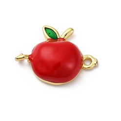 Яблоко Латунные красные эмалевые соединители-шармы, Фруктовые ссылки на день учителя, реальный 18 k позолоченный, стойки покрытие, долговечный, без кадмия и без свинца, яблоко, 13x17x5 мм, отверстия : 1.4 mm и 1.6 мм