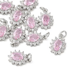 Pink SHEGRACE Brass Micro Pave Cubic Zirconia Pendants, Cadmium Free & Nickel Free & Lead Free, Flower Charms, Platinum, Pink, 12x8x3mm, Jump Ring: 4x1mm, Inner Diameter: 2mm