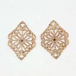 Розовое Золото Латунная филигранная фурнитура в форме ромба, розовое золото , 21x15x0.5 мм, отверстие : 1 мм