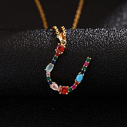 Letter U Ожерелья с подвесками-инициалами из латуни и разноцветными кубическими цирконами для женщин, золотые, Буква U, 19.69 дюйм (50 см)