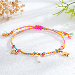 Hot Pink Adjustable Ocean Stainless Steel Charm Braided Cotton Cord Bracelets, Golden, Hot Pink, 11.02 inch(28cm)
