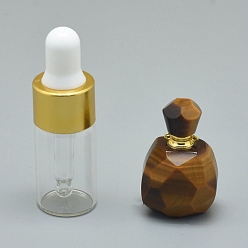 Tiger Eye Natural Tiger Eye Openable Perfume Bottle Pendants, with Brass Findings and Glass Essential Oil Bottles, 30~36x18~20x9.5~16mm, Hole: 0.8mm, Glass Bottle Capacity: 3ml(0.101 fl. oz), Gemstone Capacity: 1ml(0.03 fl. oz)