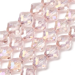 Pink Electroplate Transparent Glass Beads Strands, Rhombus, AB Color Plated, Faceted, Pink, 8x8x5mm, Hole: 1.3mm, about 72pcs/strand, 23.23''(59cm)