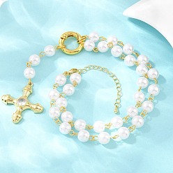 Настоящее золото 18K Подвеска в виде креста из латуни с прозрачными кубическими циркониями и цепочкой ручной работы из искусственного жемчуга ABS., долговечный, стойки покрытие, без свинца и без кадмия, белые, реальный 18 k позолоченный, 17.20 дюйм (43.7 см)