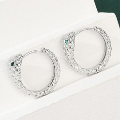 Платина Серьги-кольца из латуни с зеленым кубическим цирконием, змея, платина, 19.5x5.5x18 мм