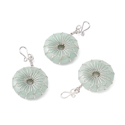 Green Aventurine Natural Green Aventurine Big Pendants, with Platinum Plated Brass Wires Wrapped, Flat Round, 50~53.5x30~31x7.5mm, Hole: 7.55mm