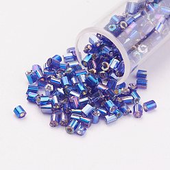 Medium Aquamarine 11/0 Two Cut Round Hole Glass Seed Beads, Hexagon, Silver Lined, Rainbow Plated, Medium Aquamarine, 2x2mm, Hole: 0.5mm, about 41000pcs/pound