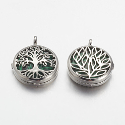 Malachite Synthetic Malachite Pendants, with Brass Diffuser Locket Findings, Flat Round with Tree, 31x26x8mm, Hole: 4mm