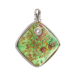 Lime Green Handmade Lampwork Pendants, Gold Sand and Millefiori, with Platinum Plated Brass Findings, Rhombus Necklace Pendants, Lime Green, 64x52x10mm, Hole: 4x5mm