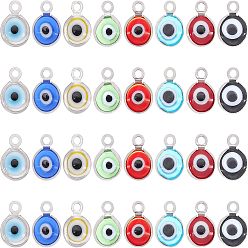 Mixed Color Handmade Lampwork Charms, with 304 Stainless Steel Findings, Flat Round with Evil Eye, Mixed Color, 9.5x6.5x2.5mm, Hole: 1.5mm, 8 colors, 8pcs/color, 64pcs