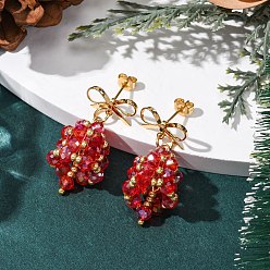 Красный Серьги-гвоздики с рождественским колокольчиком из латуни, со стеклянным бисером и подвесками из сплава, золотые, красные, 35x16.5 мм