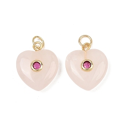 Quartz Rose Naturel a augmenté pendentifs en quartz, breloques en forme de cœur avec sertissage pavé en laiton et zircone cubique, réel 18 k plaqué or, sans cadmium et sans plomb, crémaillère plaquage, plaqué longue durée, 18~18.5x15x6~7mm, Trou: 3mm