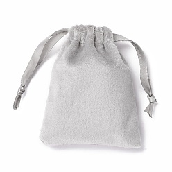 Silver Velvet Jewelry Drawstring Bags, with Satin Ribbon, Rectangle, Silver, 10x8x0.3cm